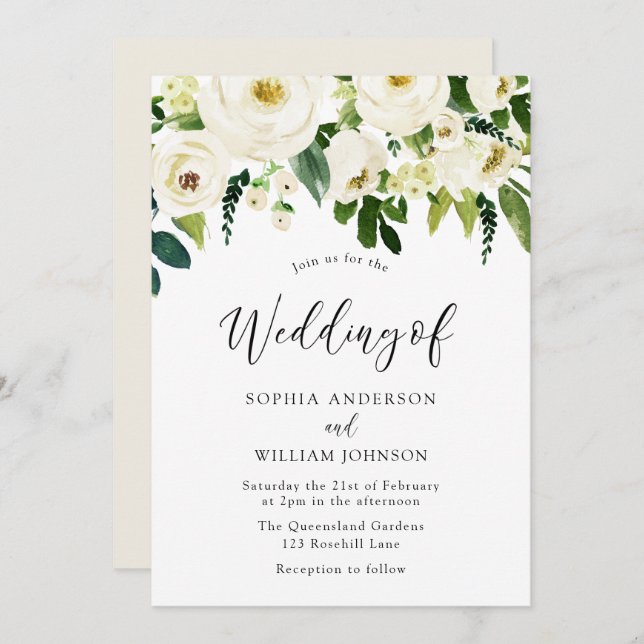 Invitation Mariage Champagne White Fleurs de fleurs (Devant / Derrière)