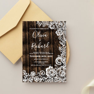 Invitation Mariage Champêtre avec Bois Rustique et Dentelle B