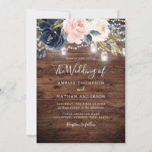 Invitation Mariage Champêtre Bois Rose Navy Fleurs Lumineuses