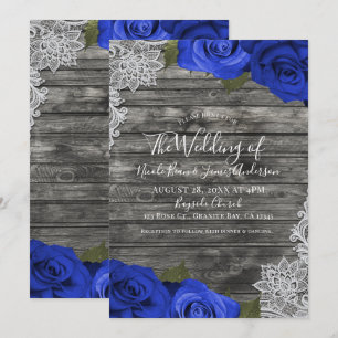 Invitation Mariage Champêtre Bois Rustique Roses Bleues