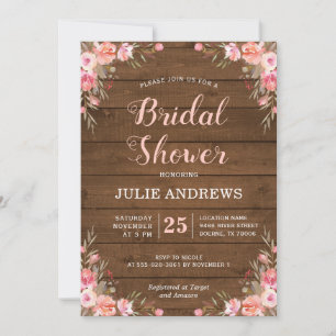 Invitation Mariage Champêtre Élégant Fleurs Roses Bois Rustiq