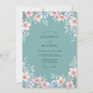 Invitation Mariage Champêtre Fantaisiste Bleu Canard Terne