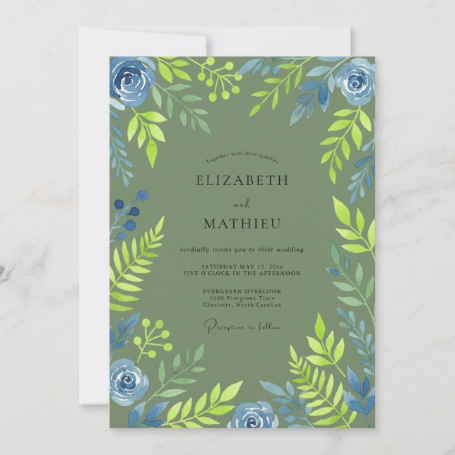 Invitation Mariage Champêtre Vert Olive dans une Forêt Enchan (Devant)