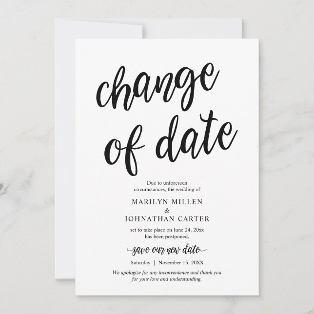 Invitation Mariage, Changement de date, Noir, Annonce (Devant)