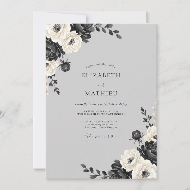 Invitation Mariage Charbon Blanc Fleur (Devant)