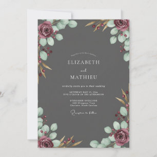 Invitation Mariage Charbon de Bois Pétales de Vin