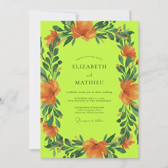 Invitation Mariage Chartreuse et Pavot Orange (Devant)