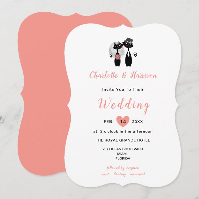 Invitation Mariage Chats Élégant noir blanc corail mignonne (Devant / Derrière)