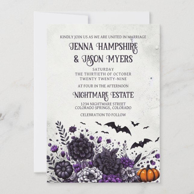 Invitation Mariage chauves-souris et fleurs (Devant)