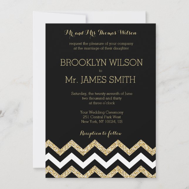 Invitation Mariage Chevron élégant invite Black Gold White (Devant)
