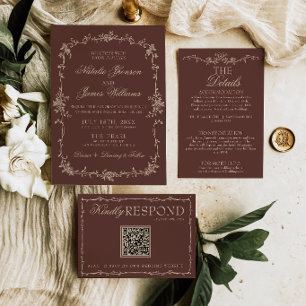 Invitation Mariage Chic Ancien Argenté Fleur Floral Brun Choc