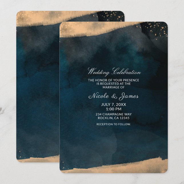 Invitation Mariage chic aquarelle moderne bleu et corail pêch (Devant / Derrière)