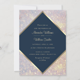 Invitation Mariage Chic Bleu Calligraphie Pailletée Or Élégan