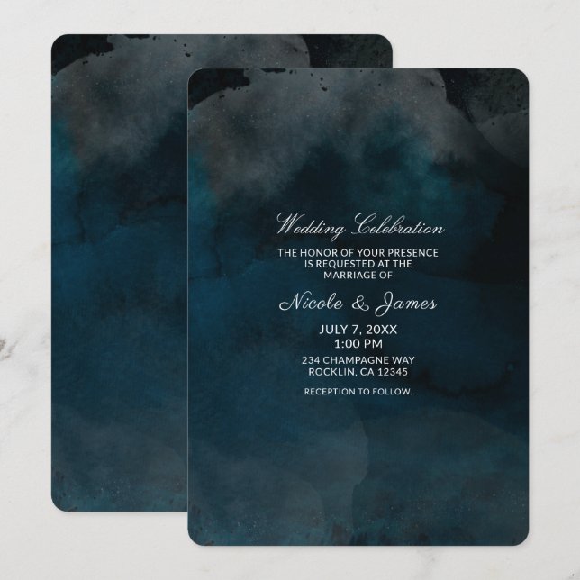 Invitation Mariage chic bleu Moody à l'aquarelle moderne (Devant / Derrière)