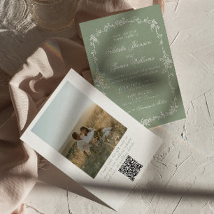 Invitation Mariage chic bohème floral vert sauge code QR phot