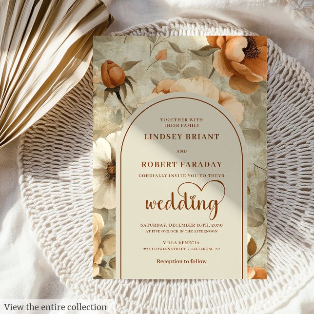 Invitation Mariage Chic Bohème Rustique Fleurs en Terre Cuite (Rustic Boho Terra Cotta Ivory Floral Wedding Invitation)