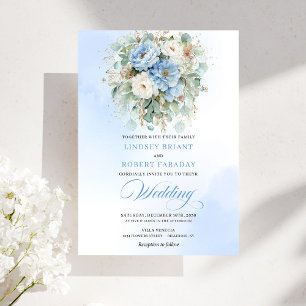 Invitation Mariage Chic Boho Pastel Bleu Pivoine Floral Or