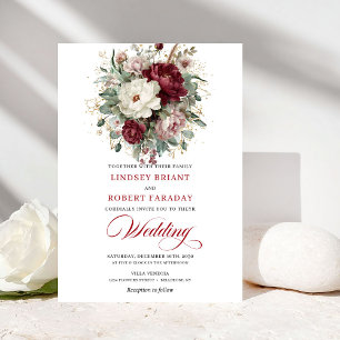 Invitation Mariage Chic Bourgogne et Fleurs Blanches Or