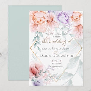 Invitation Mariage  Chic Coral tendance et Lilac Aquarelle