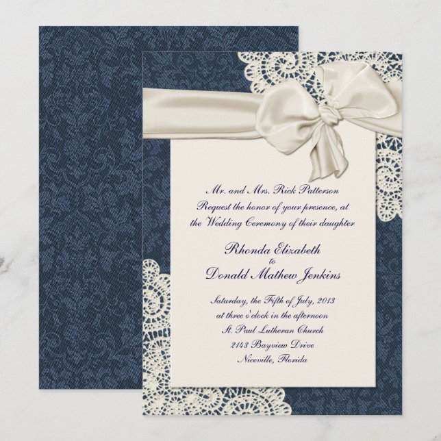 Invitation Mariage chic de dentelle de damassé et d'ivoire de (Devant / Derrière)