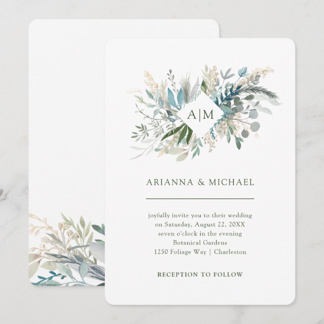 Invitation Mariage chic de monogramme du feuillage | (Devant / Derrière)