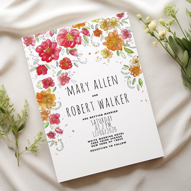 Invitation Mariage chic de pays rose rouge rouge orange (Orange pink red green floral country chic wedding)