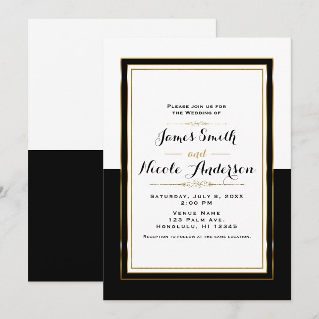 Invitation Mariage chic élégant moitié noir blanc et or (Devant / Derrière)