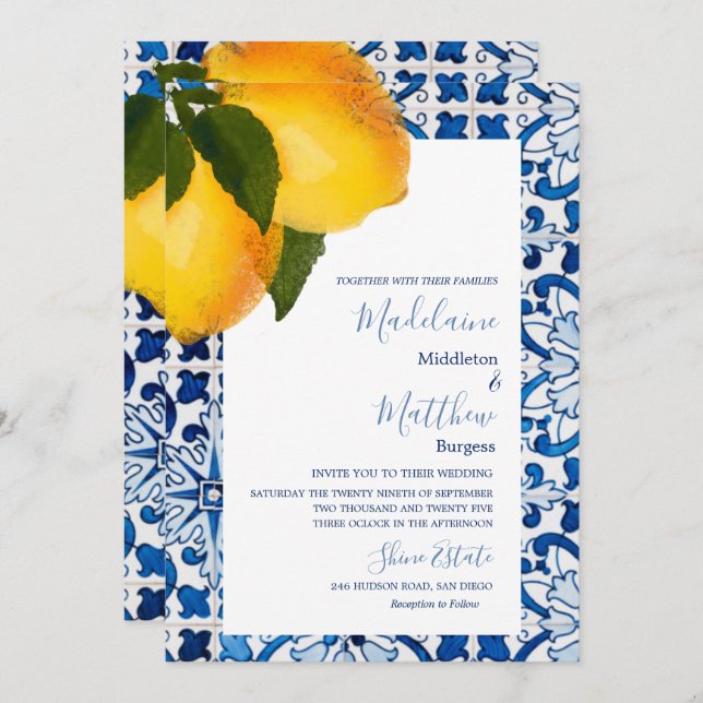 Invitation Mariage chic et élégant avec des carreaux méditerr (Devant / Derrière)