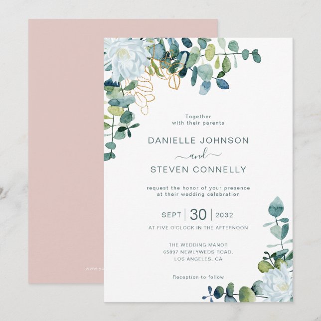 Invitation Mariage chic eucalyptus verdure blanc fleurs (Devant / Derrière)