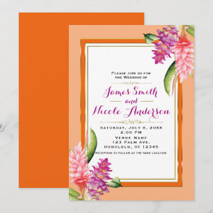 Invitation Mariage Chic Floral Tropical Corail Orange et Or