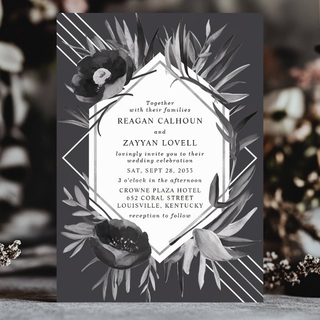 Invitation Mariage chic géométrique floral monochrome élégant (Créateur téléchargé)