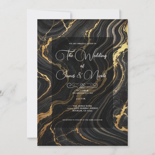Invitation Mariage Chic Glamour Noir Aspect Marbre Doré  (Devant)