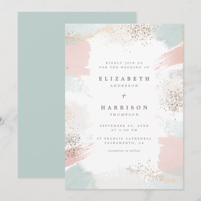 Invitation Mariage Chic Gold Dust & Painterly Brush (Devant / Derrière)