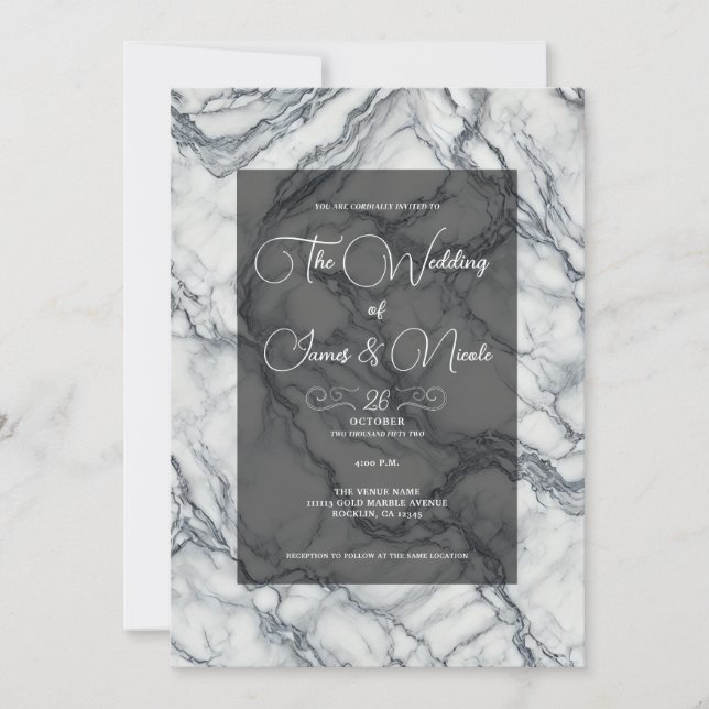 Invitation Mariage chic gris et blanc tendance marbre glamour (Devant)