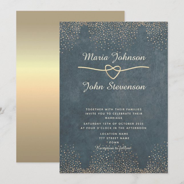 Invitation Mariage Chic Luxe Or Bleu Marine (Devant / Derrière)