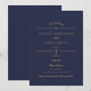 Invitation Mariage chic minimaliste classique bleu marine or