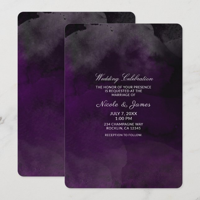 Invitation Mariage chic moderne aquarelle prune violet (Devant / Derrière)