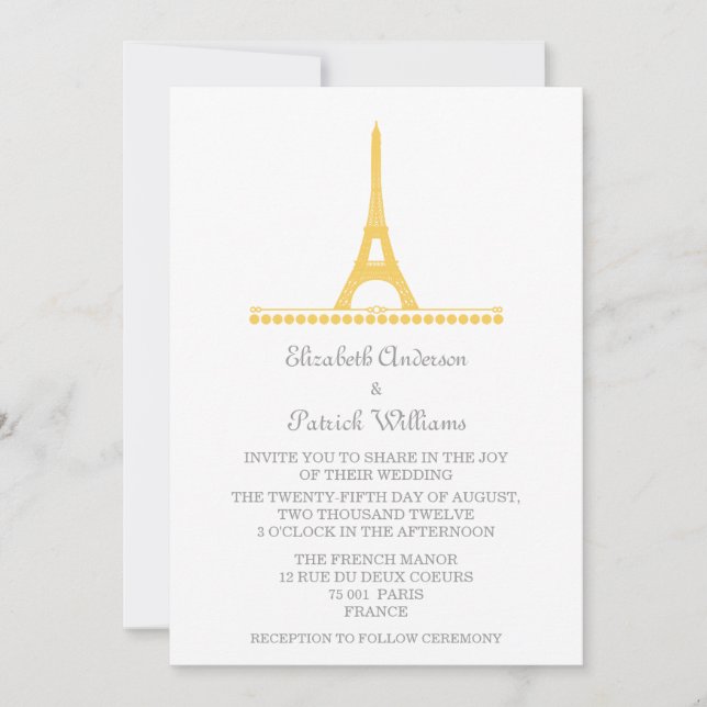 Invitation Mariage Chic Parisien, Jaune (Devant)