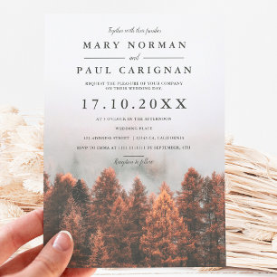 Invitation Mariage chic photo forêt de pins automne hiver