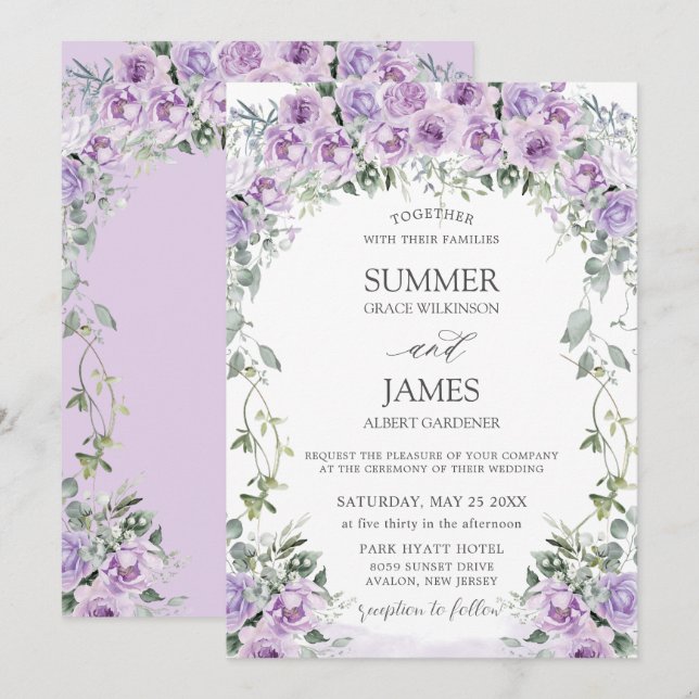 Invitation Mariage Chic Purple Lilac Rose Floral Garden (Devant / Derrière)