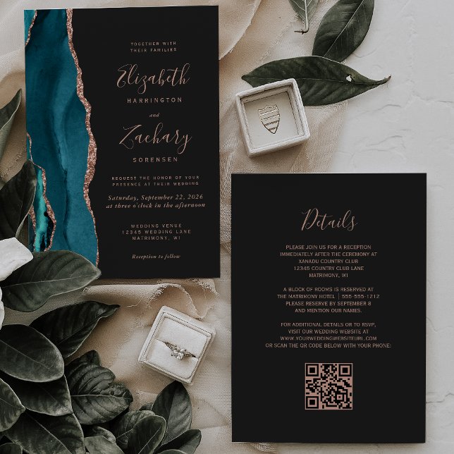 Invitation Mariage Chic QR Code sarcelle or rose agate foncé (Créateur téléchargé)