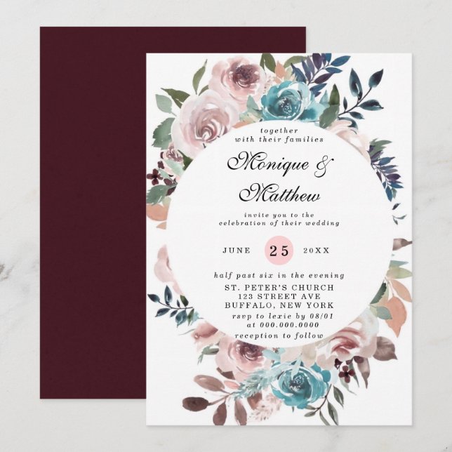 Invitation Mariage chic rose et Turquoise Aquarelle Peonies (Devant / Derrière)