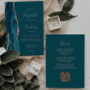 Invitation Mariage chic sarcelle or rose agate code QR
