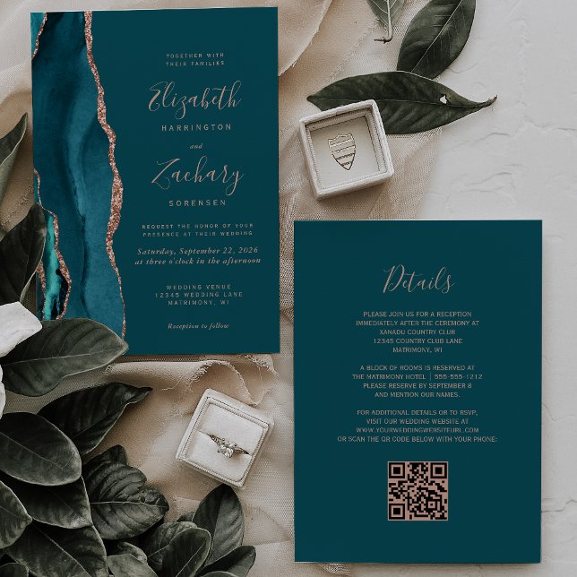 Invitation Mariage chic sarcelle or rose agate code QR (Créateur téléchargé)