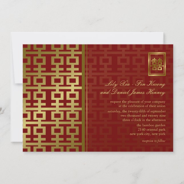 Invitation Mariage chinois à double bonheur moderne rouge et  (Devant)