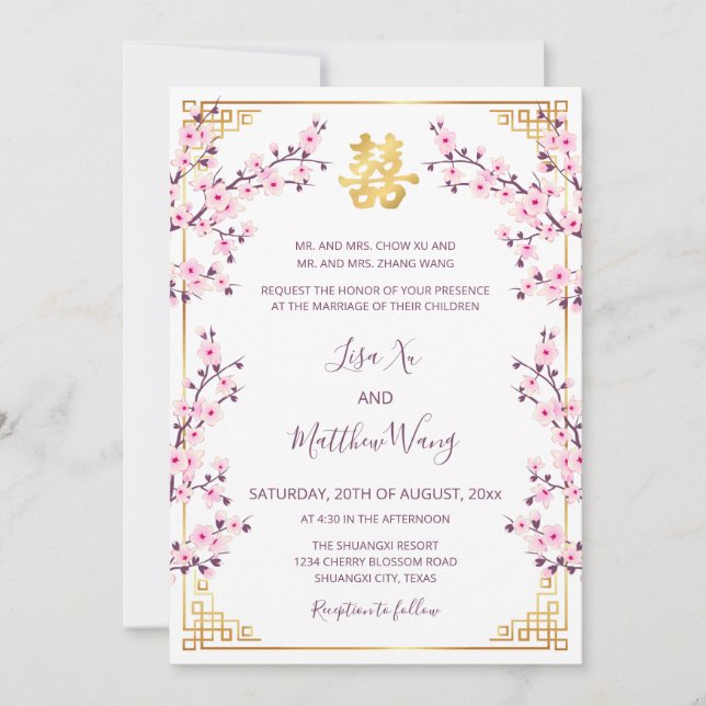 Invitation MARIAGE chinois blanc rose BILINGUAL Gold Frame (Devant)