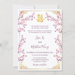 Invitation MARIAGE chinois blanc rose BILINGUAL Gold Frame
