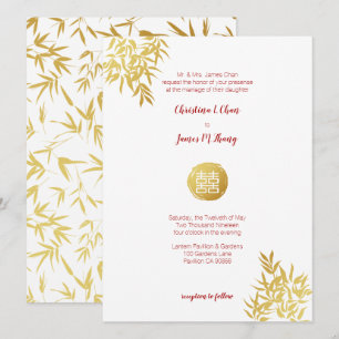 Invitation Mariage chinois de double bonheur en bambou d'or