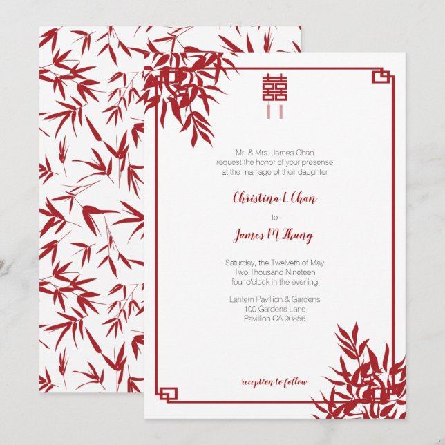 Invitation Mariage chinois de double bonheur en bambou rouge (Devant / Derrière)