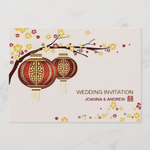 Invitation Mariage chinois de Golden Red Lanterns Cherry Tree